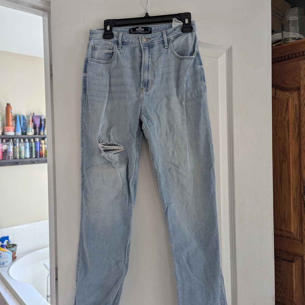 Hollister Blue Straight Leg Jeans with Distressed Details